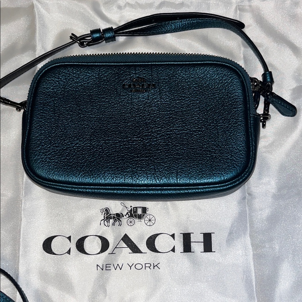 Coach F59952 Sadie Double Zip Teal Metallic Leather Crossbody